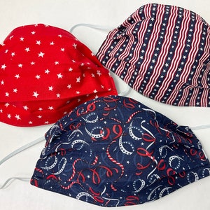 Patriotic Prints Trio Cotton Face Mask Set- red white & blue, American flag, stars- breathable, soft lining, comfortable, made in Maine
