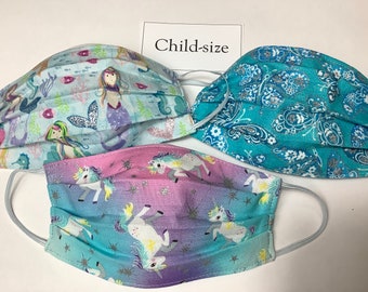 Child masks set of 3- unicorn, mermaid, glitter butterflies, kids back-to-school, comfortable cotton