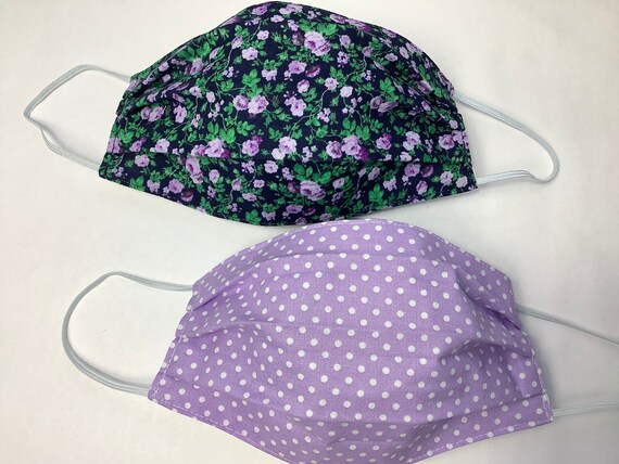 Set of 2 Cotton Face Masks- lavendar pansies, dot- breathable double layer, comfortable, soft lining, made in Maine