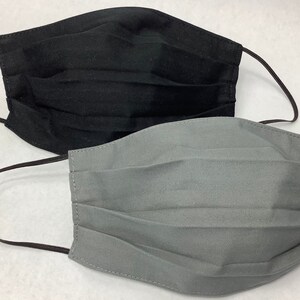 Set of 2 Cotton Face Masks-gray, black solid color fabrics, black elastic- comfortable and soft, made in Maine
