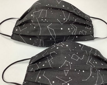 Night sky Set of 2 Cotton Face Masks-constellations, stars, galaxy, astronomy print- double layer, comfortable, made in Maine