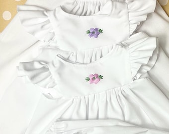 Doll Pinafores Hand Embroidered Set of 3 Plus Pantalettes- old fashion style, fits 18 in dolls- quality, handmade clothing, made in Maine