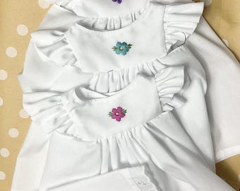 Doll Pinafores Hand Embroidered Set of 3 Plus Pantalettes- old fashion style, fits 18 in dolls- quality, handmade clothing, made in Maine