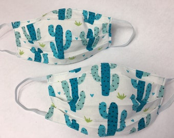 Set of 2 Cotton Face Masks-cactus print, aqua on white- double layer, comfortable, made in Maine