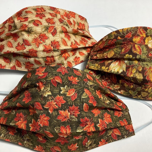 Fall Print Set of 3 Cotton Face Masks- autumn leaves trio w/ orange, gold, moss green, double layer, soft and comfortable, made in Maine