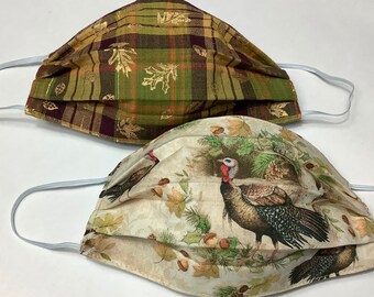 Thanksgiving Prints Set of 2 Cotton Face Masks- Roaming Turkeys,  plaid w/gold fall leaves, comfortable, soft, handmade in Maine