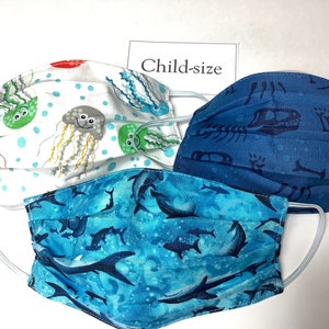 Child masks set of 3- shark, dinosaur, jellyfish, kids back-to-school, comfortable cotton