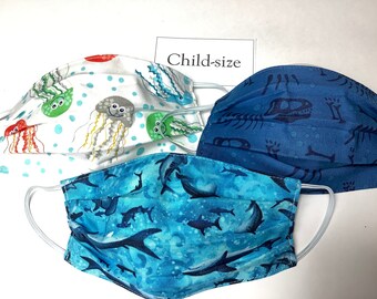 Child masks set of 3- shark, dinosaur, jellyfish, kids back-to-school, comfortable cotton