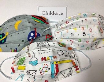 Child masks set of 3 STEM, numbers, planets, math, kids back-to-school, comfortable cotton