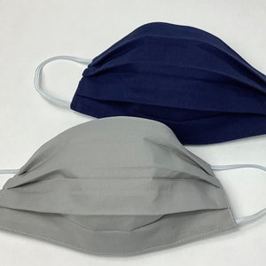 Navy, Light Gray Cotton Face Masks Set of 2- solid colors, soft lining, breathable, comfortable, double layer, handmade in Maine