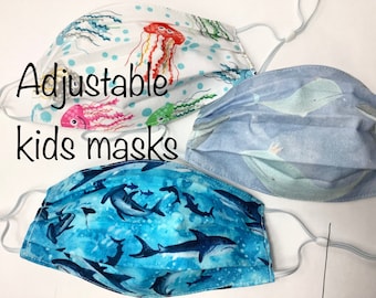 Adjustable kids masks set of 3- shark, dinosaur, jellyfish, fun back-to-school, comfortable, double layer cotton, washable, made in Maine