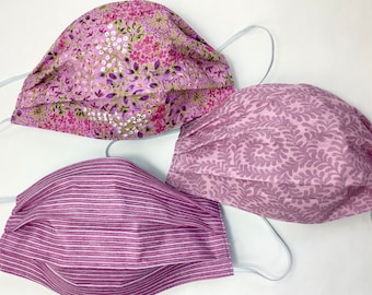 Spring Purples Cotton Face Masks Set of 3- garden flowers, stripe- breathable double layer, soft lining, comfortable, made in Maine