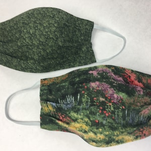 Set of 2 cotton Face Masks- woodland wildflowers, green leaf- comfortable, double layer, made in Maine