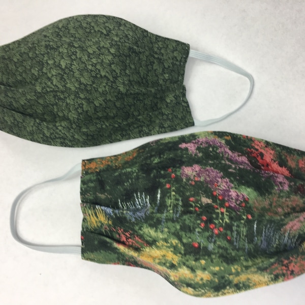 Set of 2 cotton Face Masks- woodland wildflowers, green leaf- comfortable, double layer, made in Maine