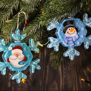Funny Snowflake; Snowman Christmas Ornament Santa Holiday Home Decor; Hand painted Christmas  Art Fused Glass Tree Decoration Gift