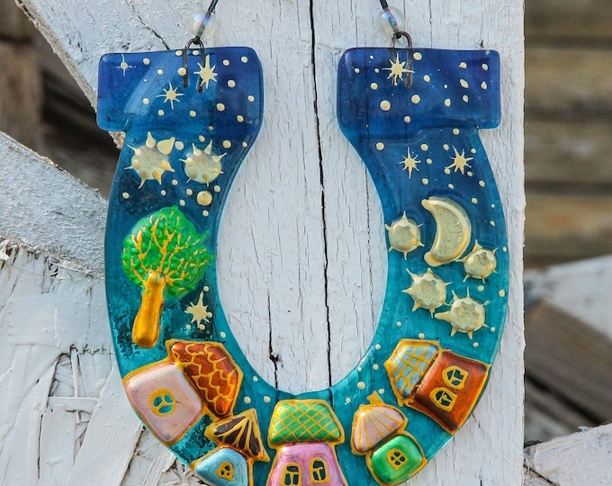 Lucky Horseshoe - Good Luck Symbol Fused Glass Wall Hanging, Painted Colorful Housewarming Gift