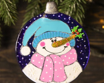 Funny Snowman Ball Colorful Christmas Ornament Painted Fused Glass Personalized Unique Art Gift