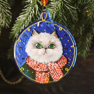 Christmas Cat in Scarf Ornament - Colorful Fused Glass Decor; Art Round Panel; Gift for Cat Lovers