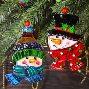 Set of 2 Snowman Fused Glass Christmas Ornaments; Art Glass Colorful Christmas Tree Decoration