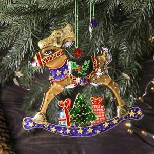 Reindeer Christmas Tree Ornament, Vintage Design Painted Wall Handing, Colorful Handmade Gift, Vintage Deer Art Fused Glass Rocking Horse