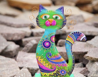 Figura de gato de vidrio fundido brillante, decoración para el hogar, pintada a mano, arte grande y colorido, regalo para amantes de los gatos.