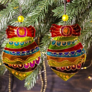 Rainbow Christmas Set of Balls; Fused Glass Modern Home Decor Gift Transparent Colorful Glass Hand Painted Christmas Ornament