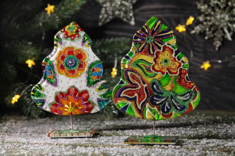 Christmas Tree Fused Glass Figurines Christmas Home Decoration Hand Painted Unique Modern Christmas Ornaments Colorful Art Glass Gift imagem 6
