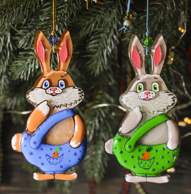 Funny Bunny Glass Christmas Ornament, Colorful Hand Painted Art, Gift