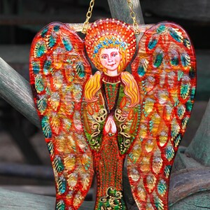 White Angel Guardian Painted Glass Art Wall Panel, Ukrainian Ethnic Motives, Bright Hanging Decor Multicilor