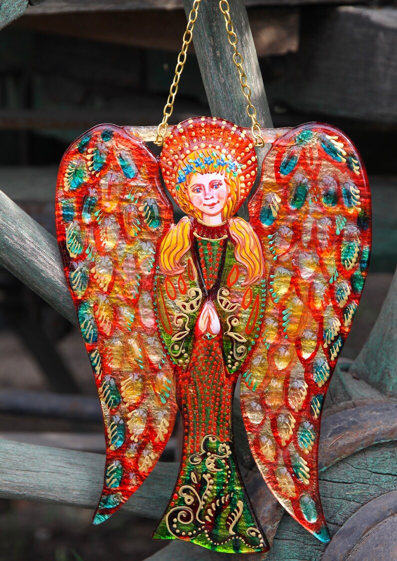 White Angel Guardian Painted Glass Art Wall Panel, Ukrainian Ethnic Motives, Bright Hanging Decor Multicilor