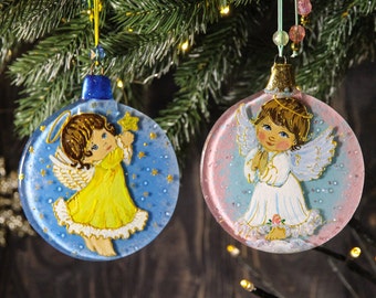 Cute Angel Glass Christmas Ornament; Colorful Painted Set of  Balls; Sweet Personalized Name Gift