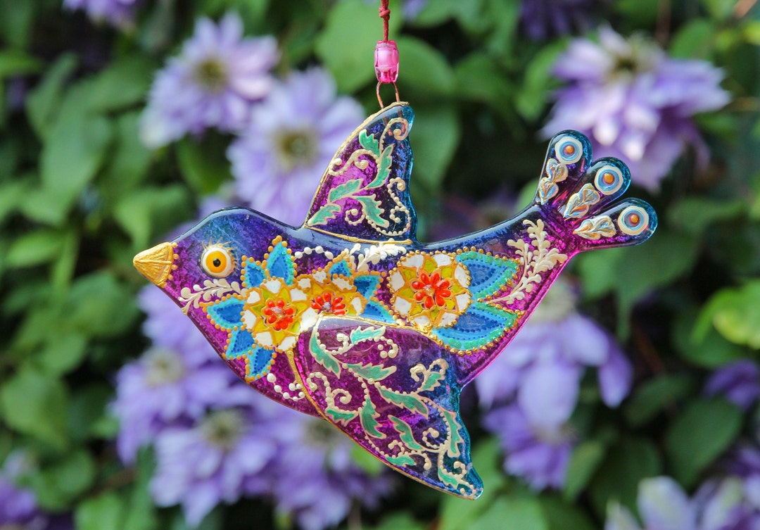 Bird Fused Glass Hand Painted Wall Hanging Modern Colorful Home Decor