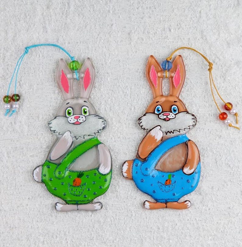 Funny Bunny Glass Christmas Ornament, Colorful Hand Painted Art, Gift