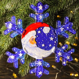 Santa Snowflake Ornament - Fused Glass Hand Painted Christmas Decor - Festive Holiday Gift - Blue Winter Home Decor - Big Wall Panel