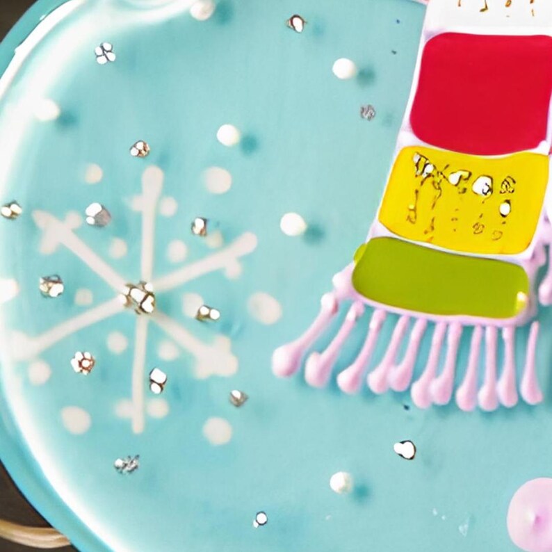 May include: A blue and white snowflake ornament with a pink, yellow, green, and red striped scarf. The ornament is decorated with silver glitter.