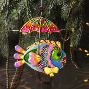 Fish With Umbrella Colorful Fused Glass Hand Painted Wall Hanging Funny ...