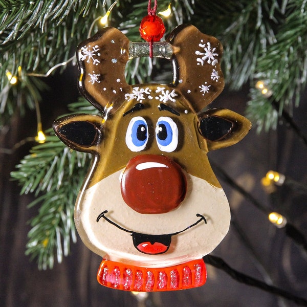 Reindeer Fused Glass Funny Christmas Tree Ornament Colorful Painted Art Gift