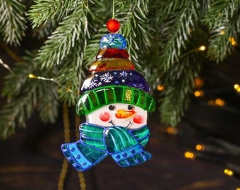 Snowman Glass Christmas Ornament Hand painted Art Unique Tree Home Decorations
