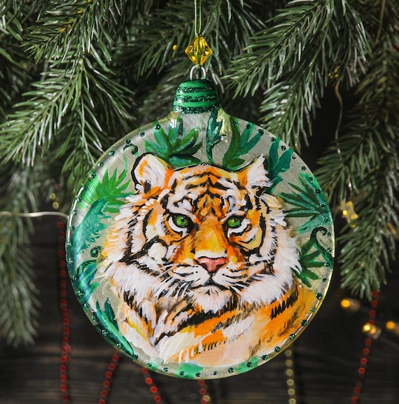 Wunderschöne Tiger Glass Weihnachtskugel; Bunt Bemalte Weihnachtsbaum Dekoration Kunst Fusing Glas Wand Panel