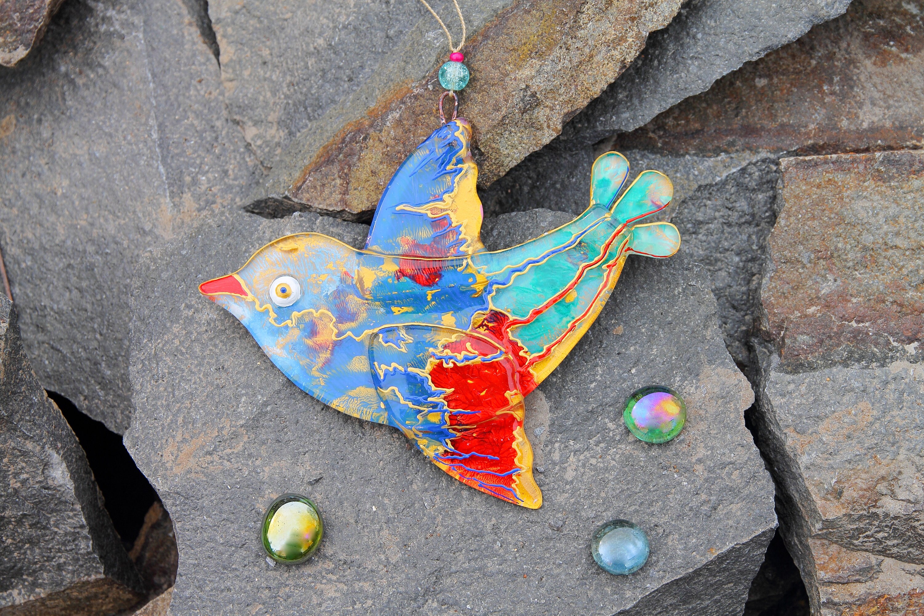 Bird Fused Glass Hand Painted Wall Hanging Modern Colorful Etsy