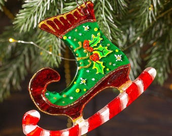 Schaatsen kerstornament van gesmolten glas; Vintage design unieke kerstversiering; Handgeschilderde kunstglas boomdecoratie; Kleurrijk decor