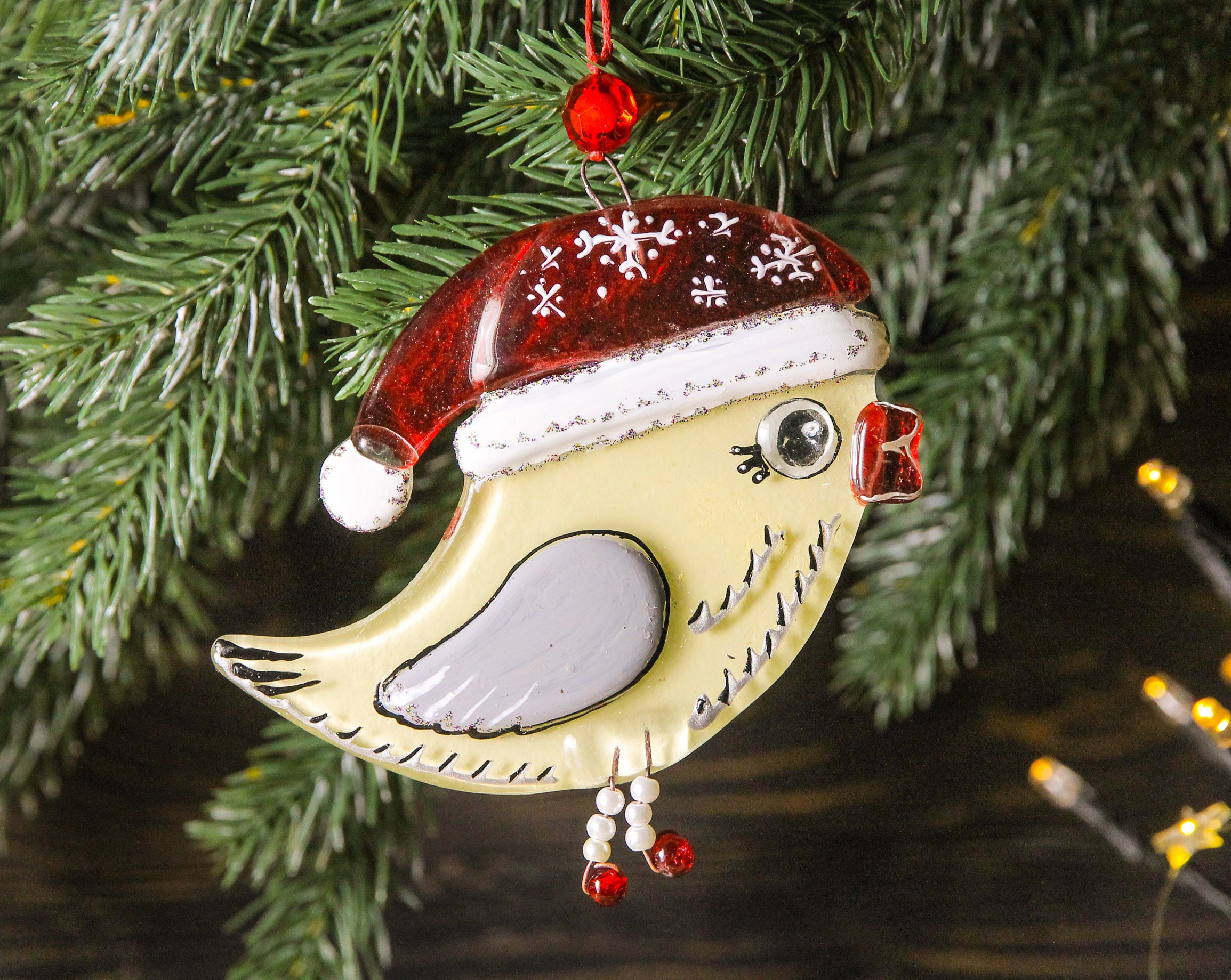 Oiseau Mignon; Drôle de Décoration Noël; Ornement Noël en Verre Fondu; Verre d'art Moderne; Oiseau A