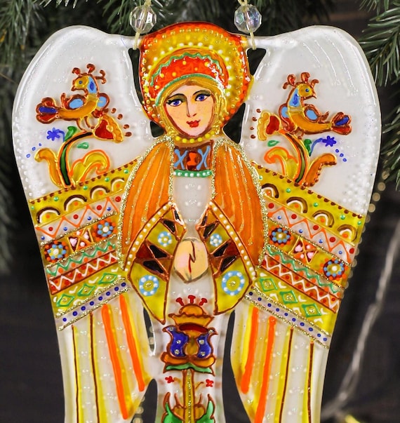 White Angel Guardian Painted Glass Art Wall Panel, Ukrainian Ethnic Motives, Bright Hanging Decor