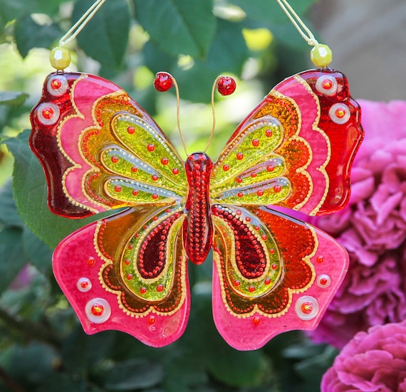 Pink Butterfly Glass Painted Wall Panel; Colorful Transparent Suncatcher; Unique Art Gift