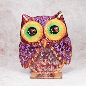 Owl Relief Colorful Glass Figurine; Fused Glass Home Decor; Hand painted Collectible Bird Art; Hand Painted Gift; Desktop Office Decor