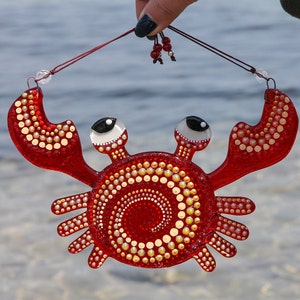 Crab Funny Colorful Fused Glass Wall Hanging; Modern Suncatcher Handmade Unique Gift; Painted Collectible Art Glass Sea and Fish