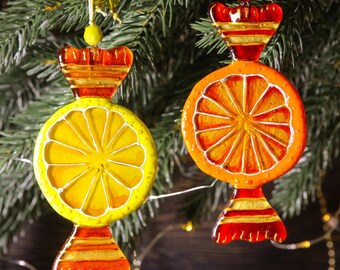 Glass Candy Christmas Ornament - Hand Painted Colorful Art Fused Glass Lemon Orange -Personalized Decor