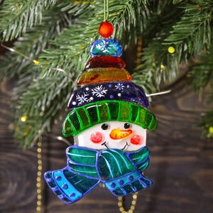 Snowman Glass Christmas Ornament Hand painted Fused Glass Art Unique Home Decor