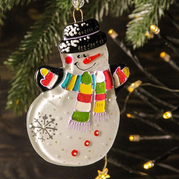 Snowman Fused Glass Christmas Ornaments: Hand Painted Colorful Art Glass Decor, Christmas Gift with Personalized Name