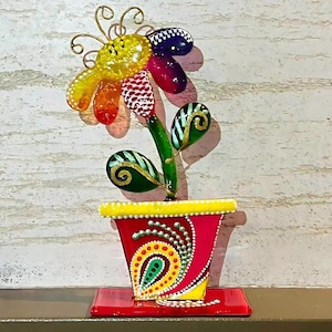 Glass Flowers Daisy Stained Glass Art Mother Day Gift Fused Flower in Vase, Painted Colorful Daisy Table Decor, Floral Holiday Ornament